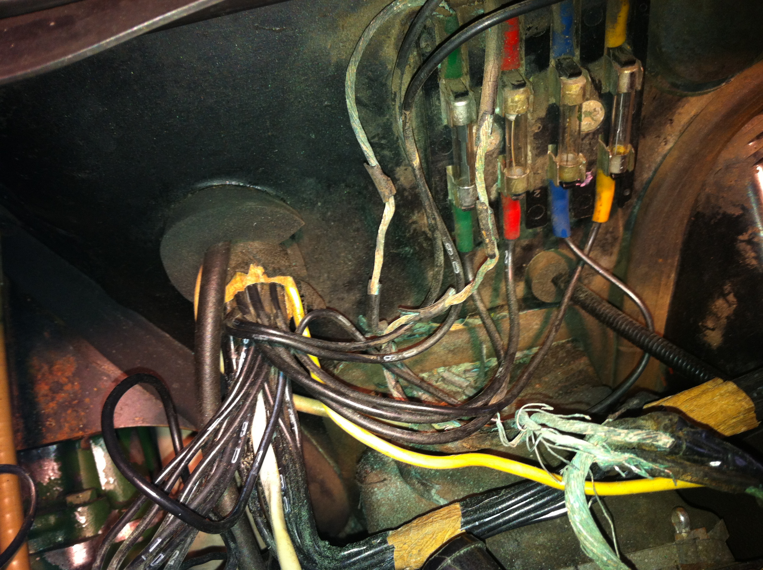 Wiring from the battery to the alternator and fuse panel is completely corroded